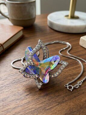 Butterfly Necklace Rainbow Crystal Pendant Statement Iridescent Large Women Gift